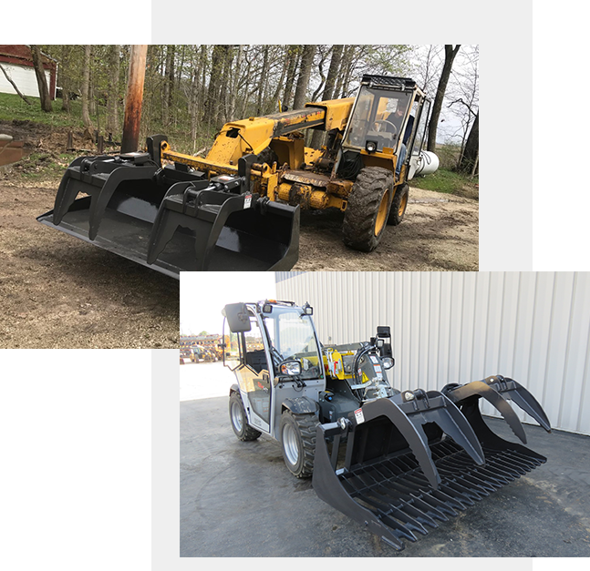 Two construction vehicles fitted with claw-like attachments for handling materials. The top vehicle, painted yellow, sits on dirt, while the grey one is parked on concrete, ready to assist in building your dream home.