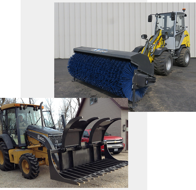 Two images of heavy machinery displaying skid steer & farm attachments. The first showcases a yellow and grey front loader equipped with a large blue rotating brush attachment, perfect for home landscaping projects. The second displays a yellow backhoe loader featuring a versatile grapple bucket.